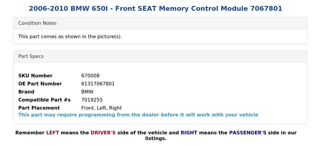 2006-2010 BMW 650I - Front SEAT Memory Control Module 7067801