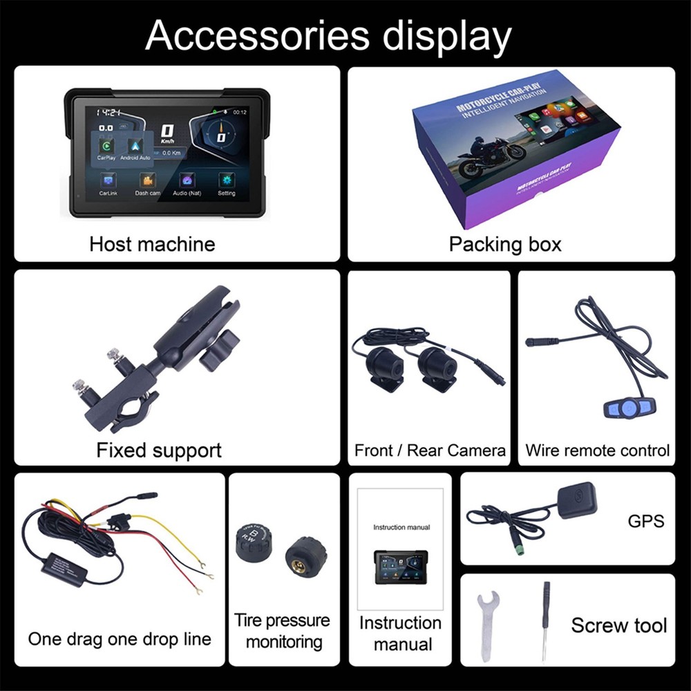 Motorcycle Dashcam 7inch Touchscreen Loop Recording GPS Tracking Bluetooth V4.0