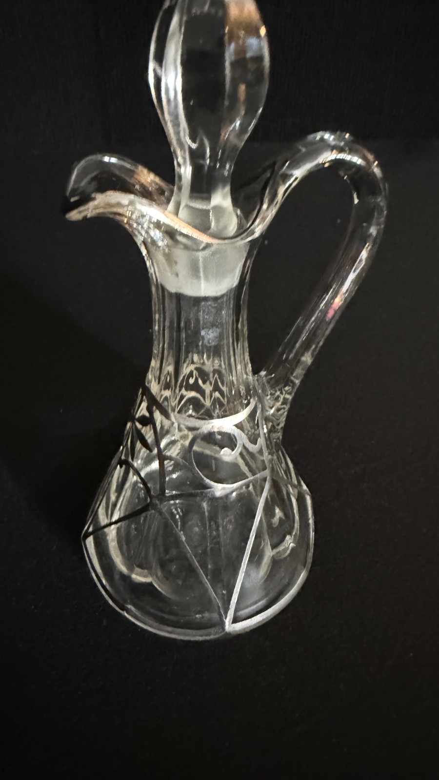 Antique Art Nouveau Sterling Overlay Glass Cruet Bottle w Stopper 6.5"