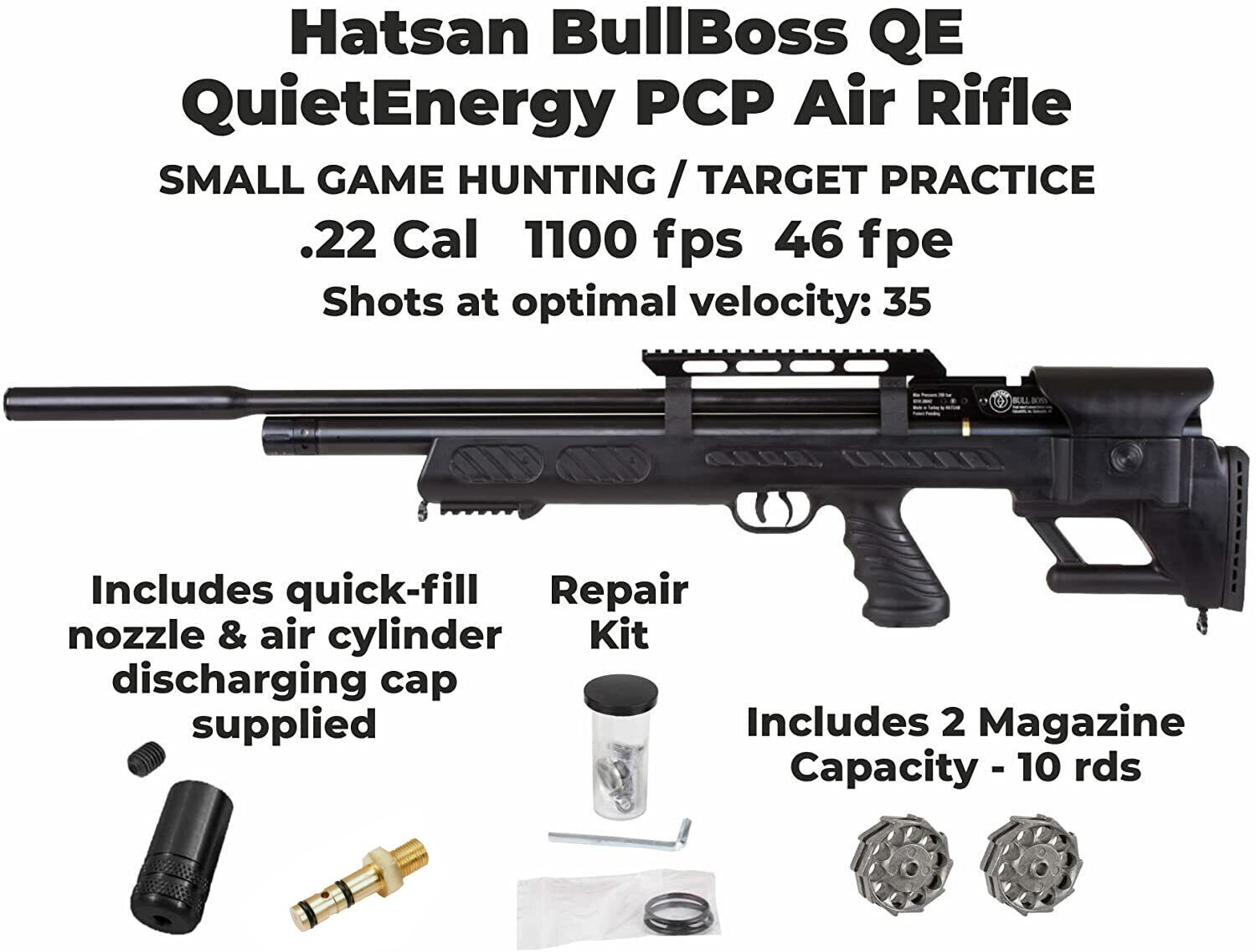 Hatsan BullBoss QE .22 Cal PCP Air Rifle w/ Scope & Targets and Pellets Bundle