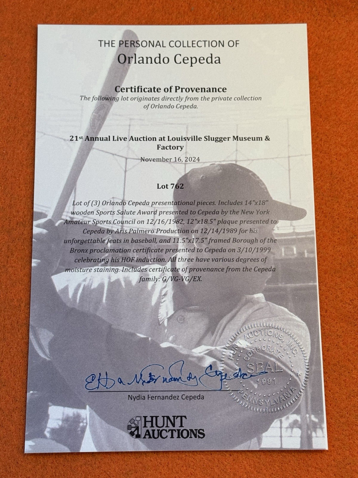 Orlando Cepeda Personally Owned Bronx Proclamation Hall of Fame Induction 1999