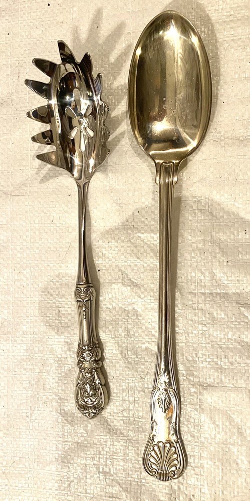 LARGE SHEFFIELD SILVER CO. SILVERPLATE SERVING SPOON & UNMARKED PASTA SPOON