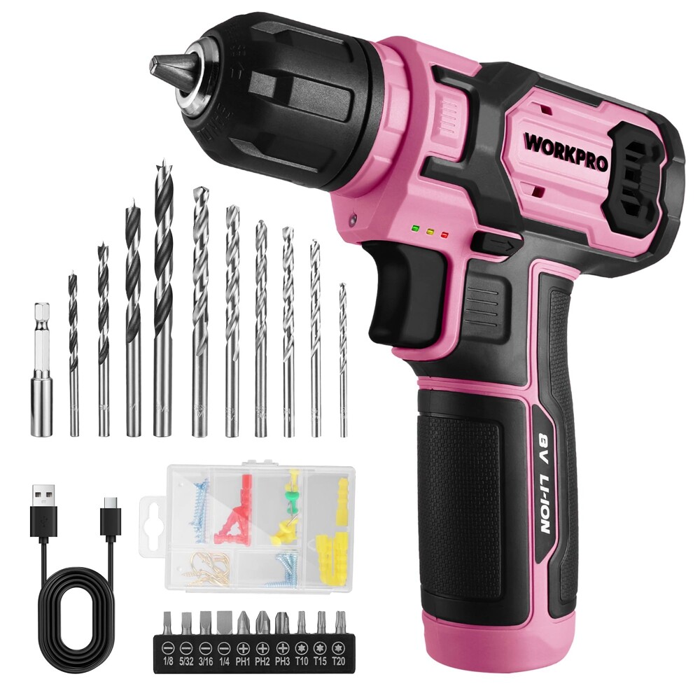WORKPRO Pink Cordless Drill Driver Set 53pc Bit Electric Drill 3/8 Keyless Chuck