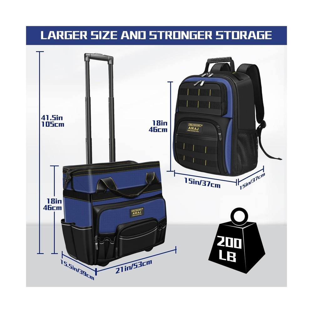 AIRAJ 21" Rolling Tool Bag with Wheels & 18" Tool Backpack Set | Adjustable T...
