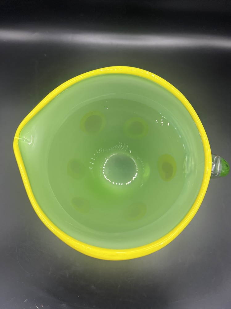 Art Glass Pitcher Hand Blown Lime Green with Applied Handle