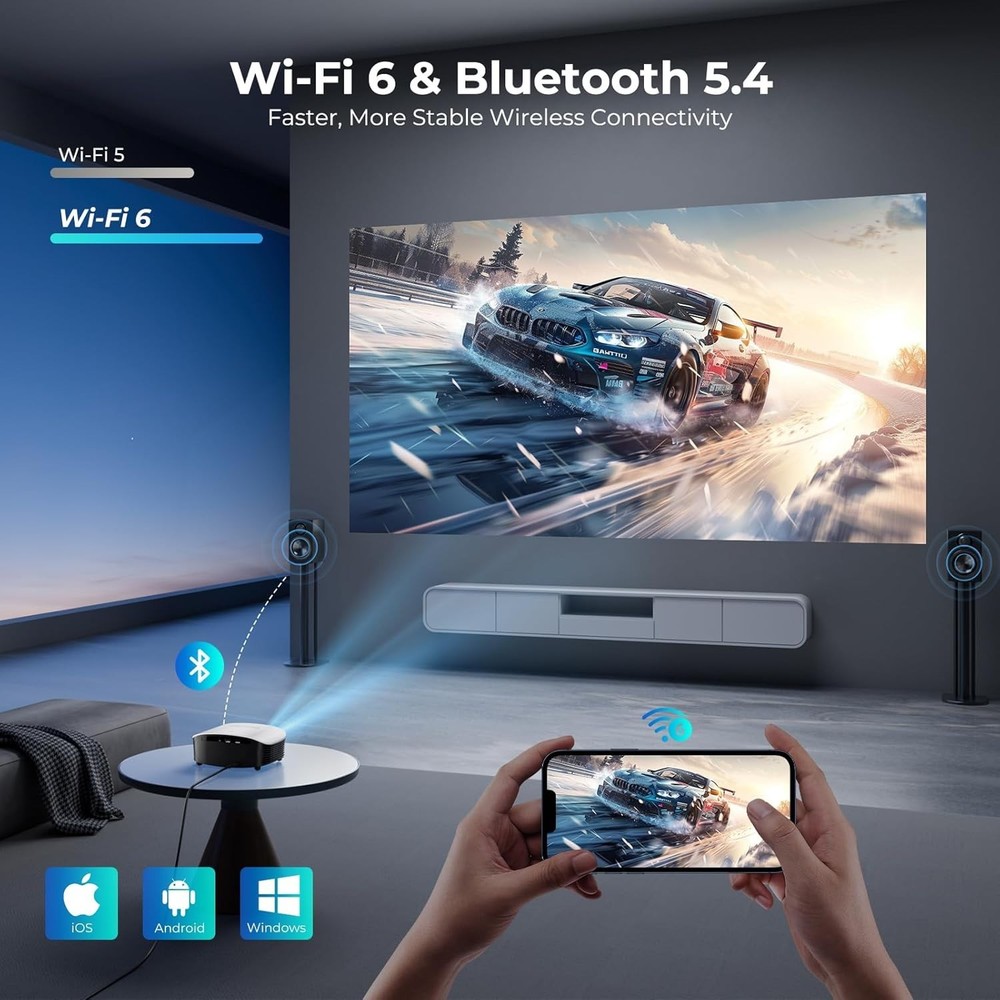Smart Mini Projector with WiFi and Bluetooth - 1200 ANSI 4K Support, Compatible