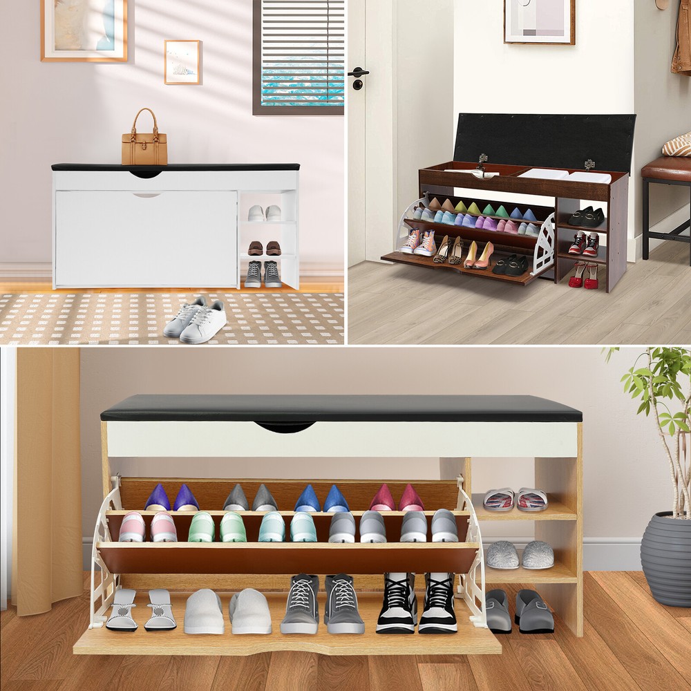 Space-Saving Triple-Fold Shoe Rack with Bench, Warm White, Entryway Storage