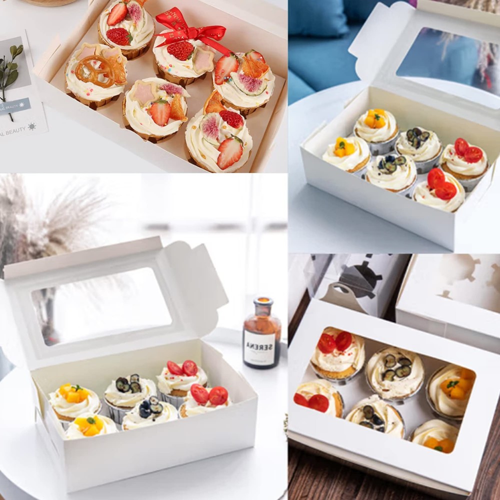 20 PCS Cupcake Boxes 6 Count Window Adjustable Insert Bakery Carrier White