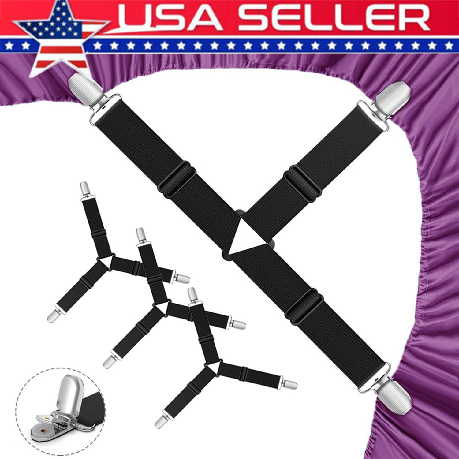 4Bed Sheet Fasteners Adjustable Elastic Suspenders Straps Mattress Covers Clips