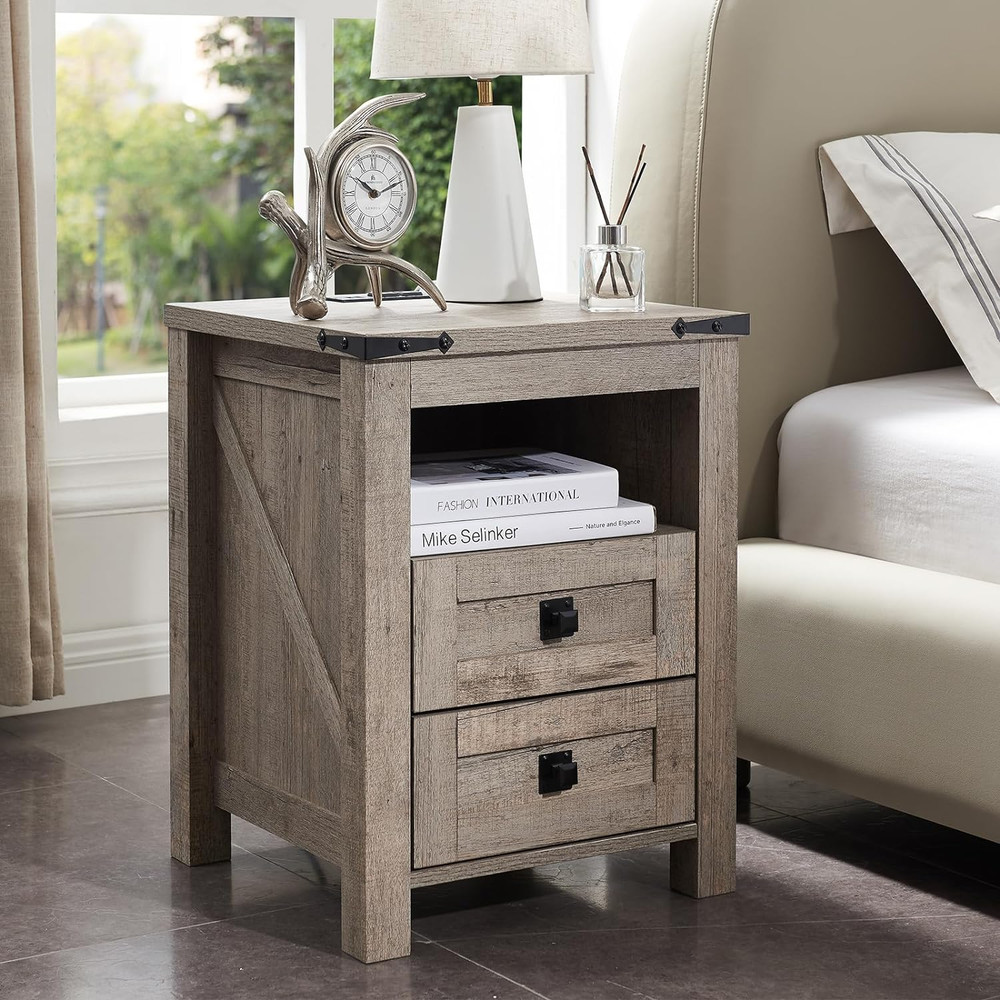 Nightstand with Charging Station, End Table, Side Table with 2 Drawers Storage C