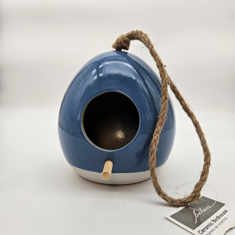 Ceramic Birdhouse Blue Egg Shaped Wood Perch