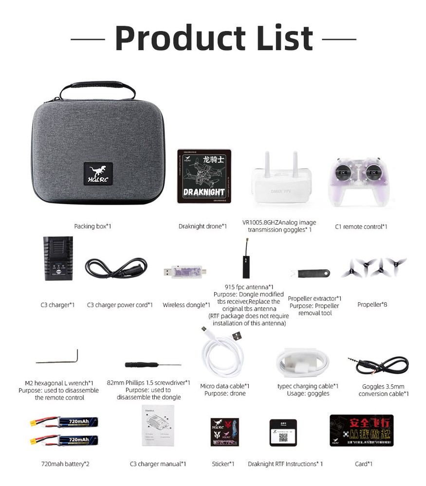 HGLRC RTF FPV Set Draknight 2inch 2S FPV Toothpick Drone C1 Remote Controller