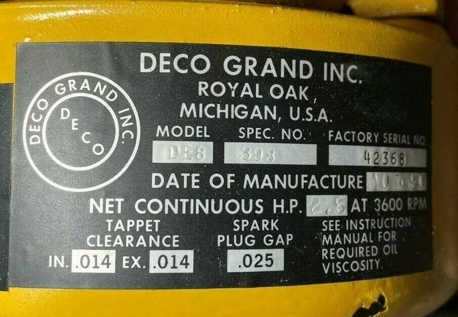 DECO GRAND 2.5HP ENGINE MODEL DE8