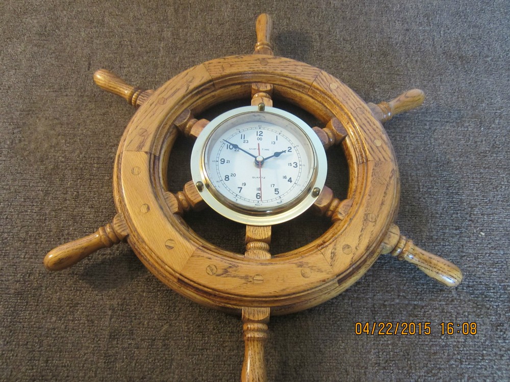 NAUTICAL, OAK SHIP'S WHEEL, WITH BRASS CLOCK
