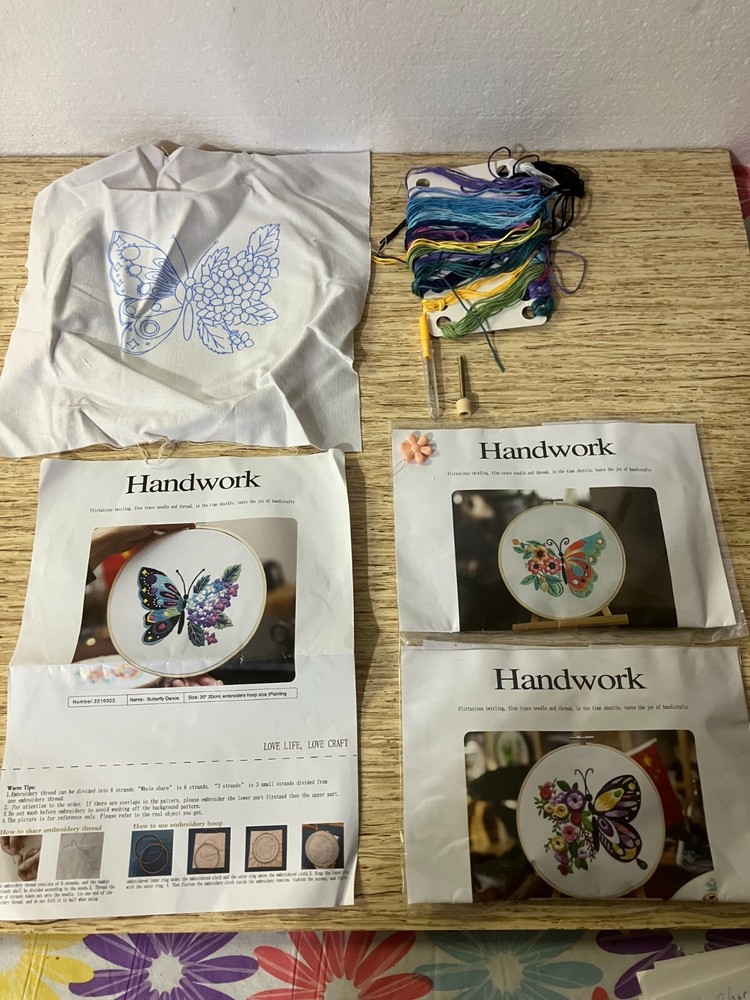 3 Handwork embroidery kits Butterfly, Dance, Fly, Float, hoops, thread, tools