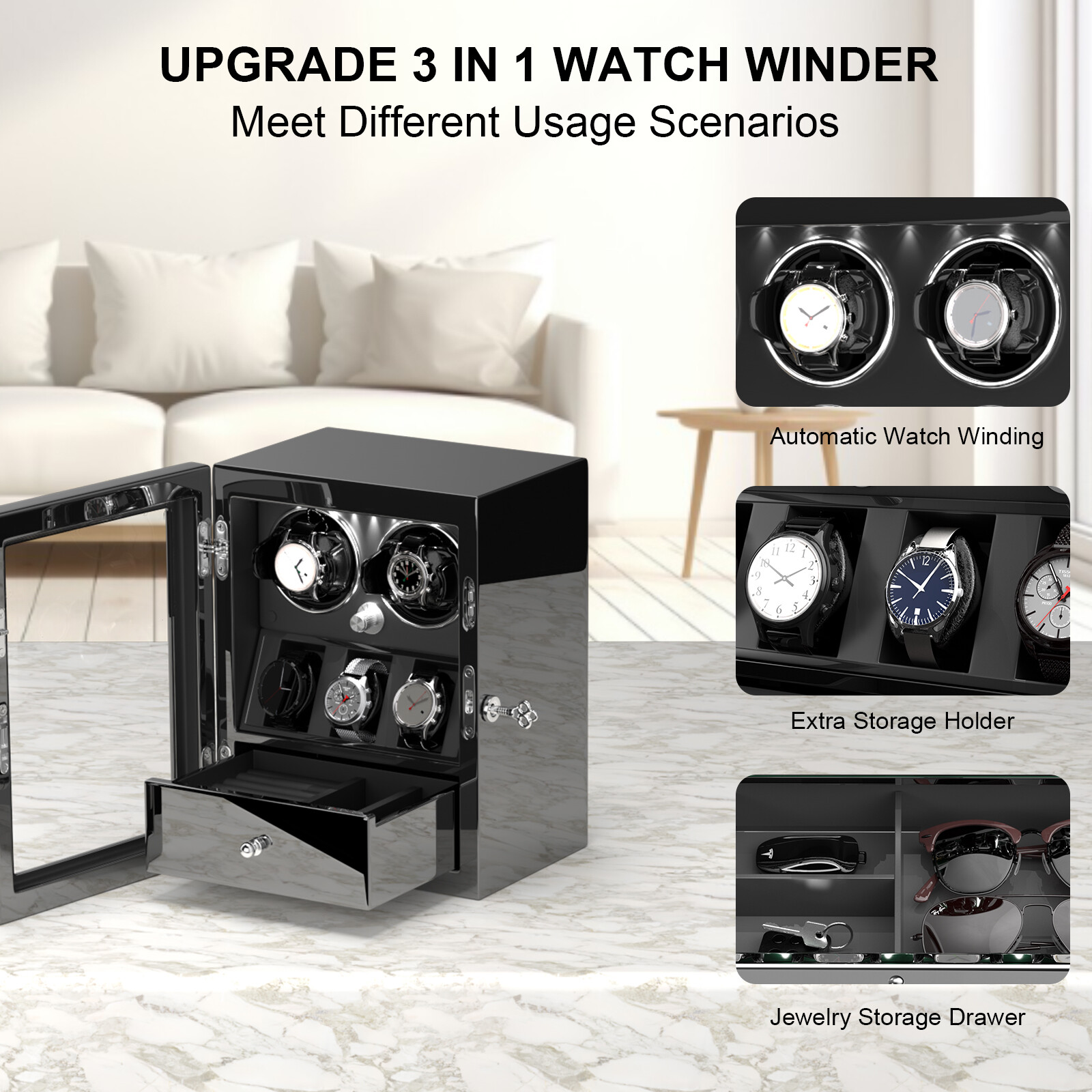 DUKWIN Automatic Watch Winder Box Display Storage Case With Jewelry Drawer LED