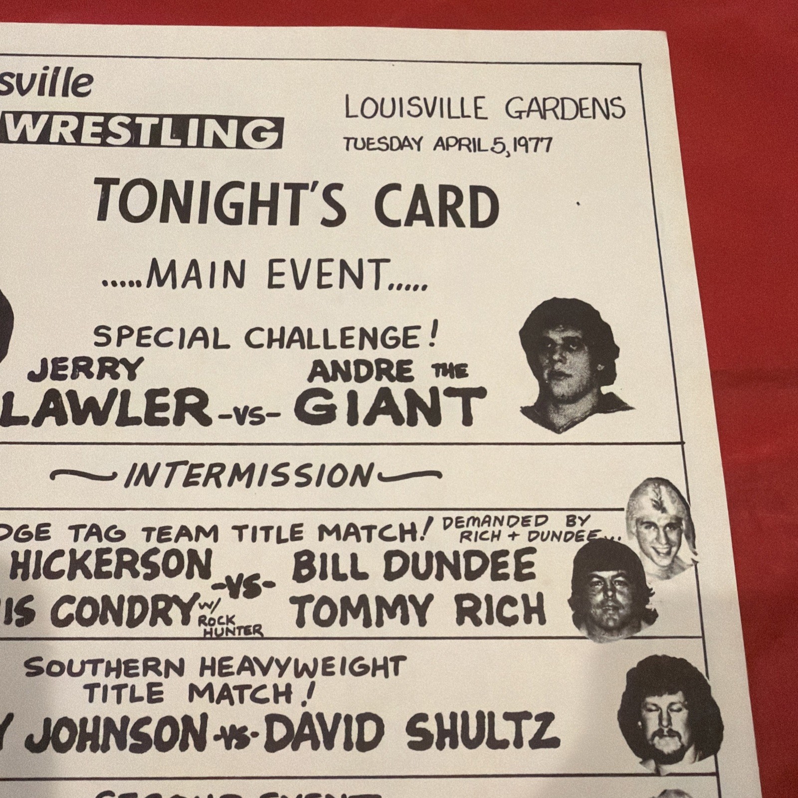 1977 Louisville Wrestling Card Andre The Giant vs Jerry Lawler Louisville Garden