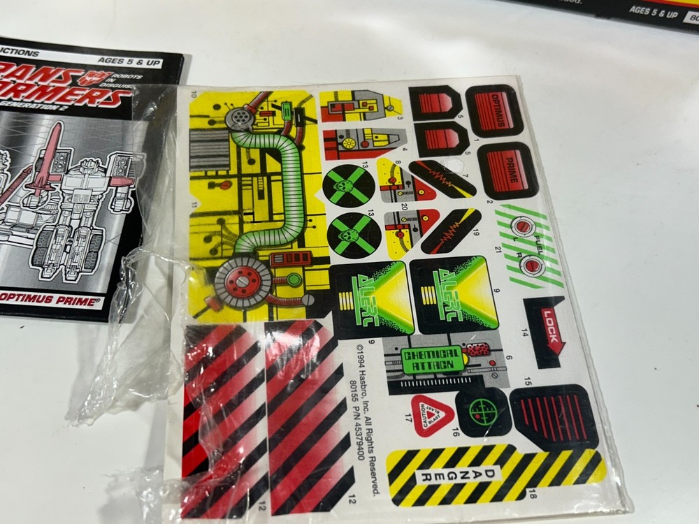 Transformers G2 Laser Optimus Prime box, Instructions & sticker sheet