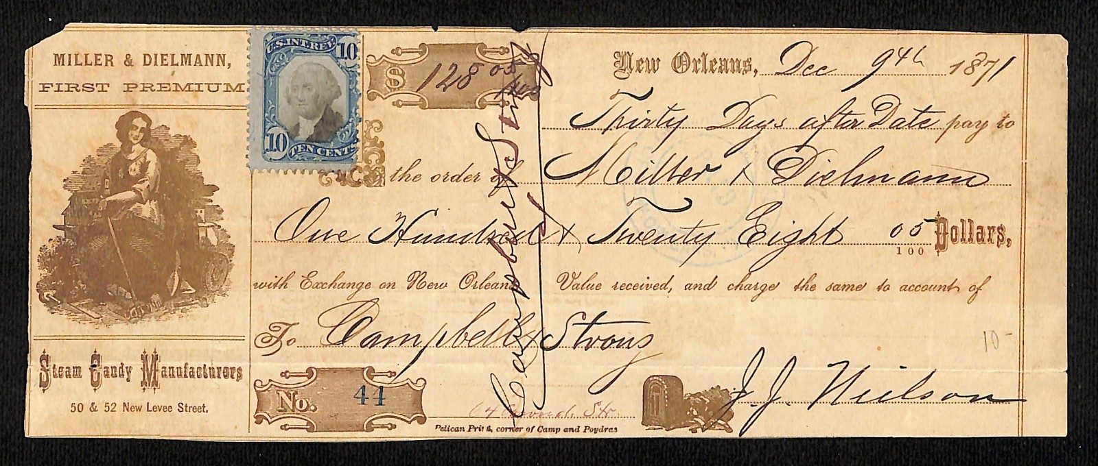 1871 Miller & Dielmann "Steam Candy Manufacturers" New Orleans Promissory Note