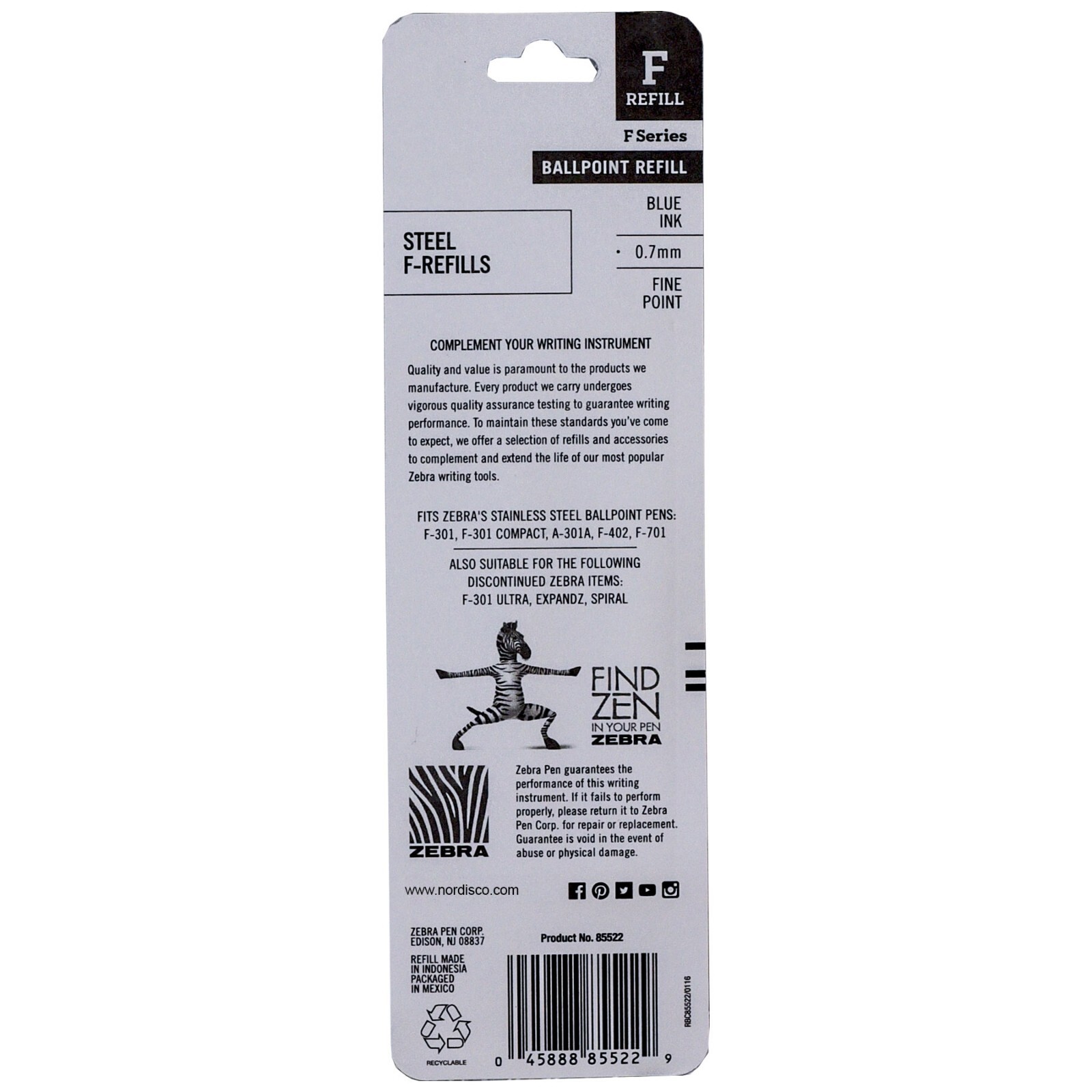 6 Packs 85522, Zebra F-Refills 0.7mm Blue Ink For F-301 Series, F-402, F701