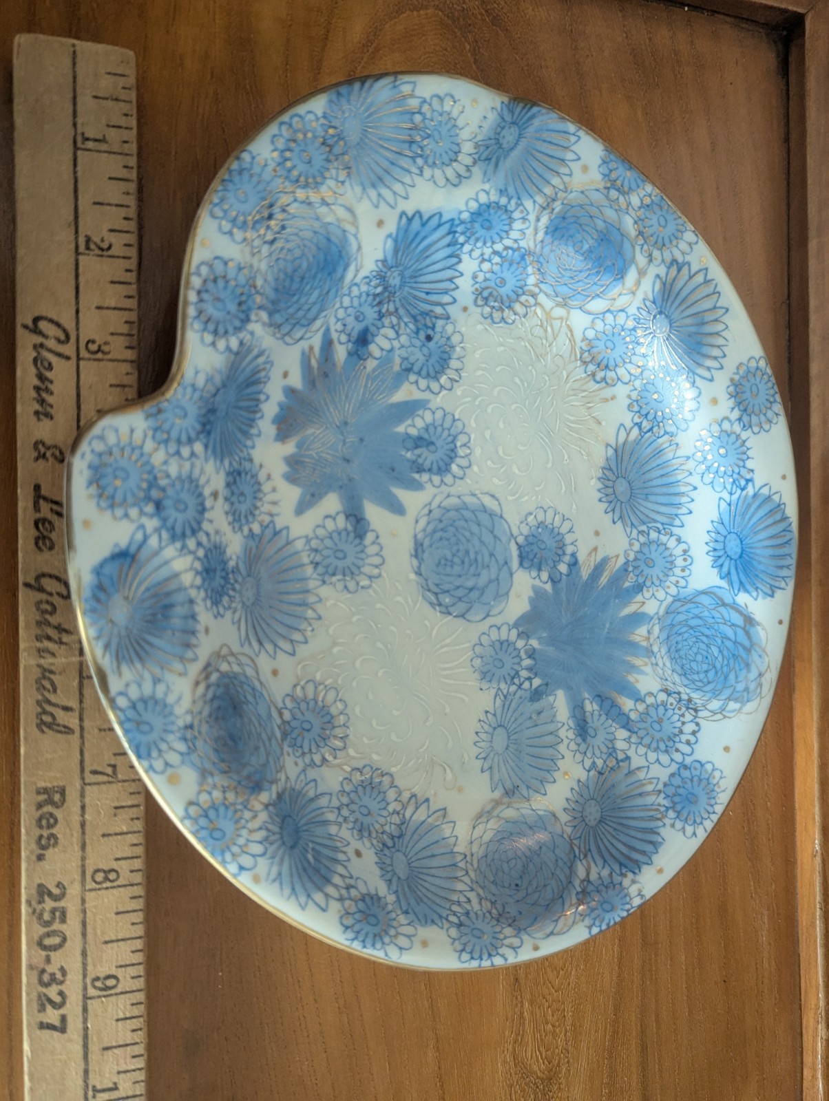 Vtg Kutani Gold Chrysanthemum Flower Japan Blue Trinket Dish Ashtray MCM Art