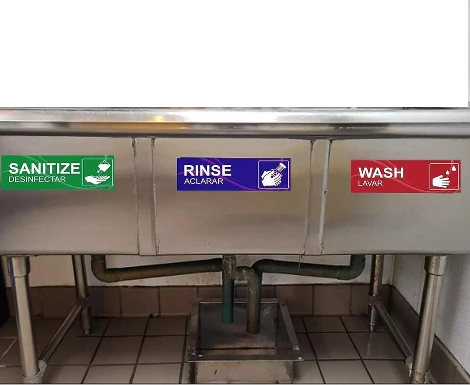 4 Pack Wash Rinse Sanitize Sink Labels Waterproof Sticker Signs Perfect for 3...
