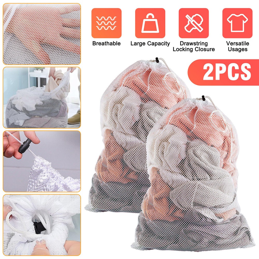 2x Extra Large Drawstring Laundry Bag Solid Mesh Material Mesh Laundry Bag White