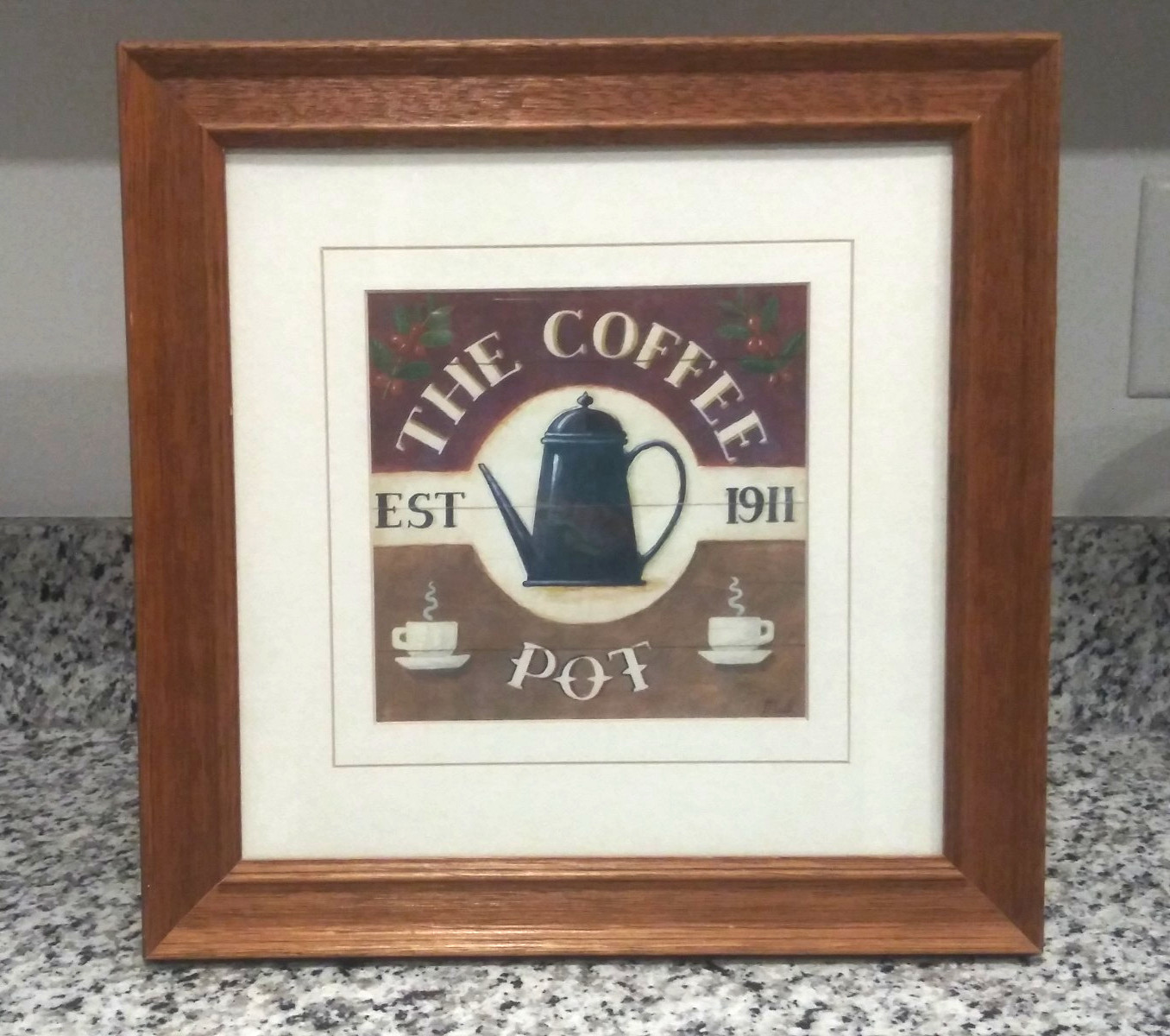 Coffee Themed Wall art "THE COFFEE POT " wood framed w/glass wall hanging 15x15