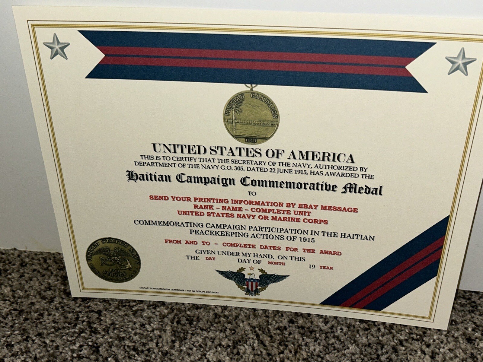 HAITIAN CAMPAIGN (NAVY) COMMEMORATIVE MEDAL CERTIFICATE ~ W/PRINTING TYPE-1