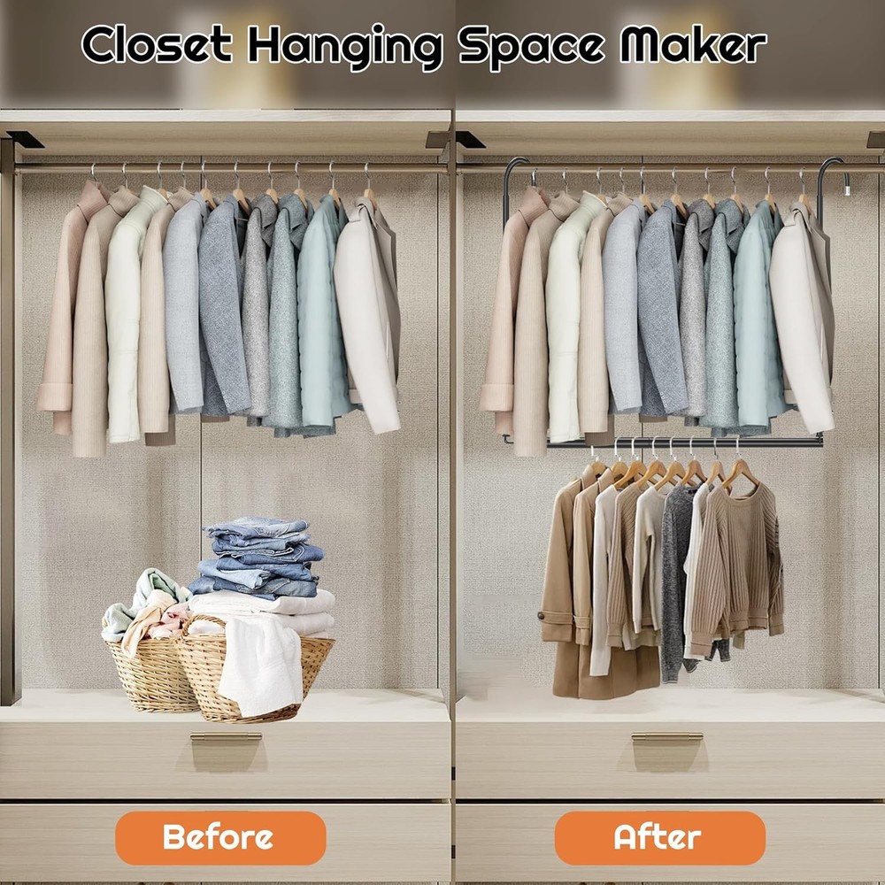 Hanging Closet Rod Adjustable Width Height Black(2 Pack), 2 Pack Black