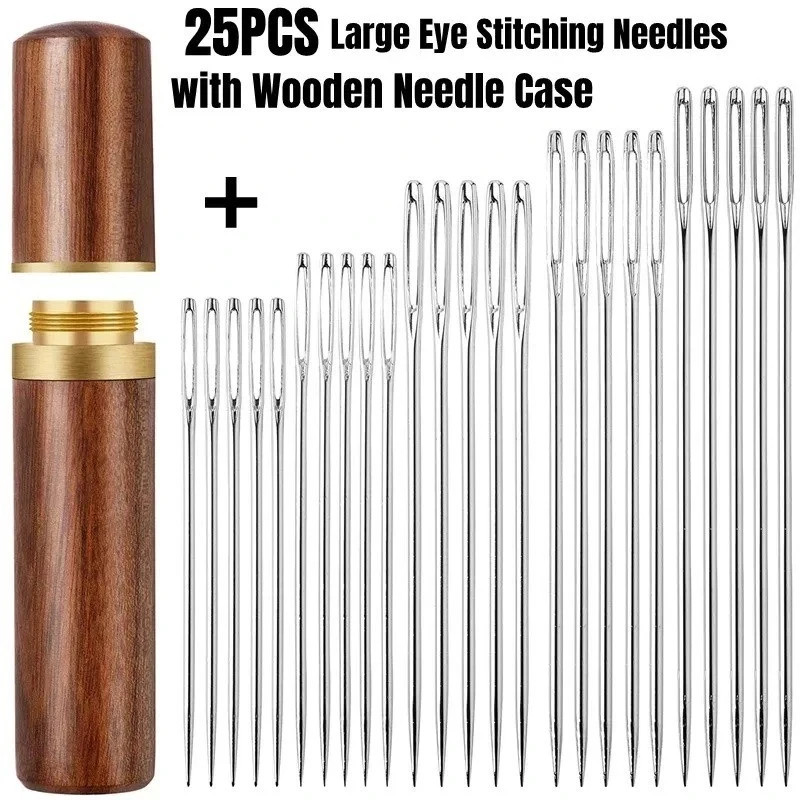 25PCS Large Eye Hand Sewing Needles Set with Wooden Case for Embroidery Craft