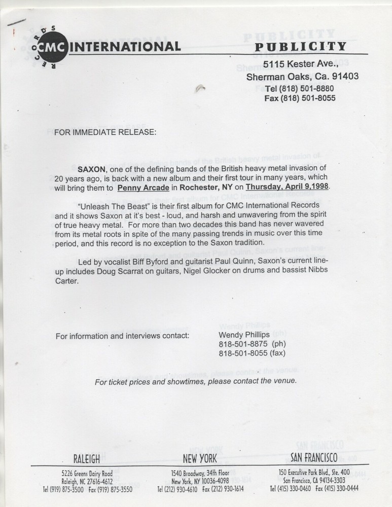 SAXON - TWO ( 2 ) ORIGINAL PRESS RELEASES