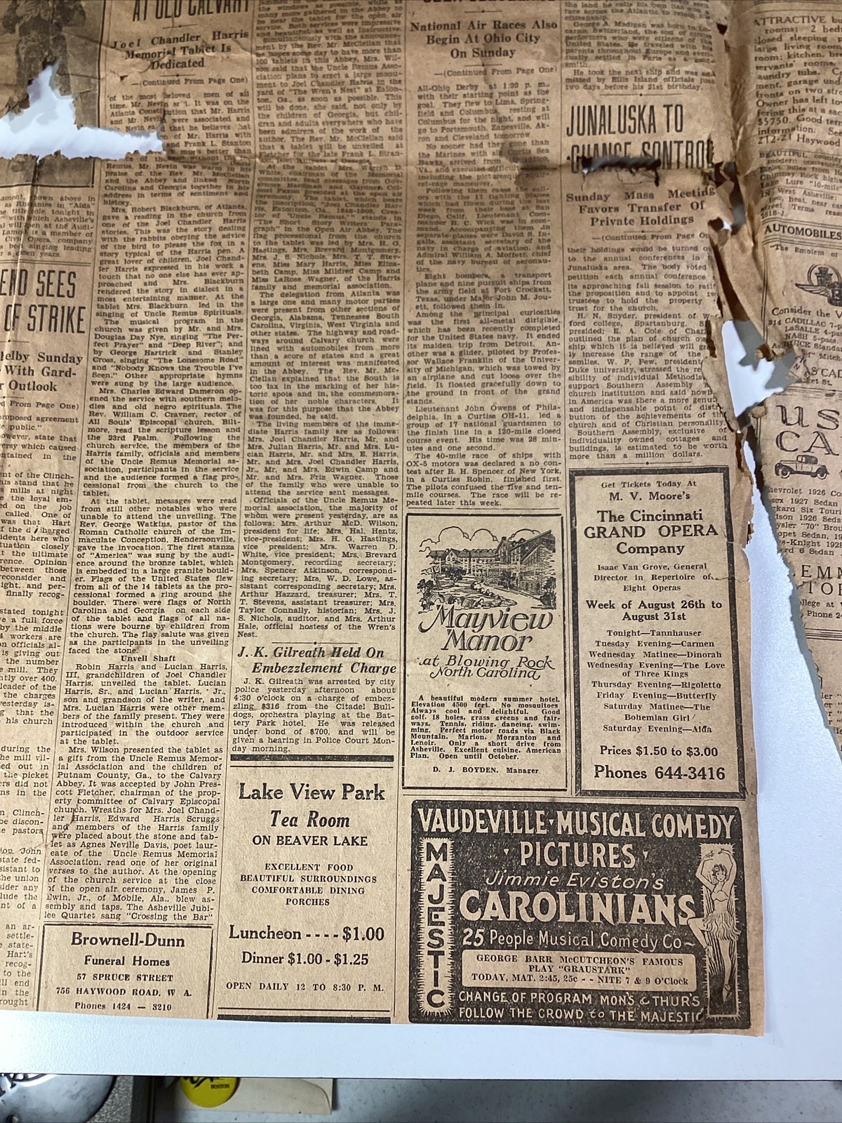 Ashville NC Newspaper Aug 26, 1929 Opera Zeppelin Israel Uncle Remus Great Ads!