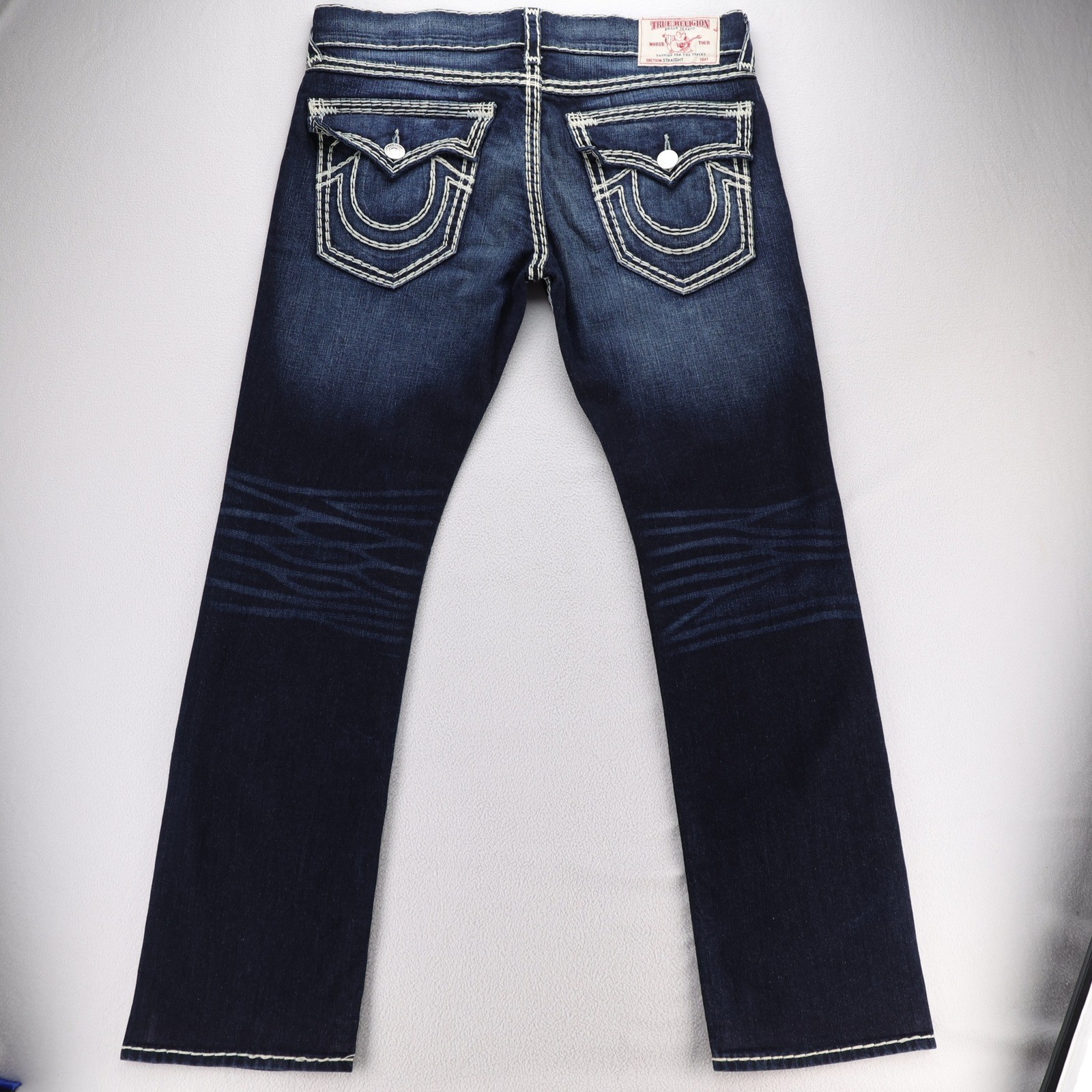 True Religion Straight Flap Super QT Jeans Mens 38 Dark Wash White Thick Stitch