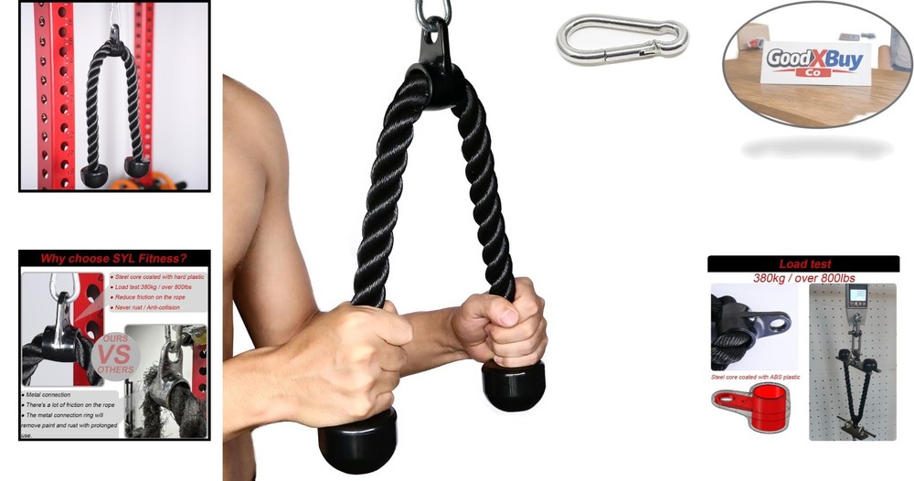 Heavy Duty Nylon Tricep Rope 27 Inch Black for Cable Machine Workouts - Pulld...