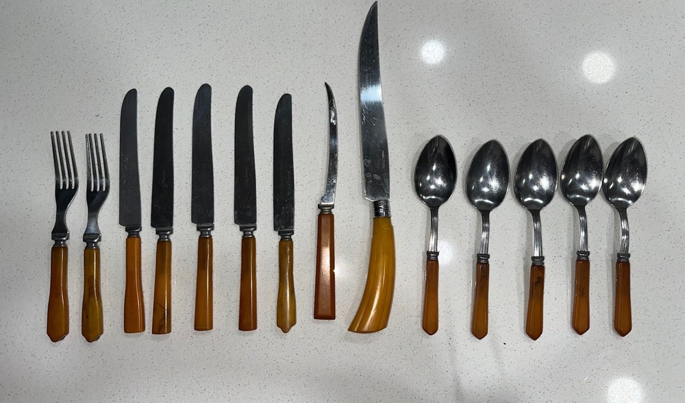 Bakelite Flatware Butterscotch Handles Stainless 14 Pc VTG