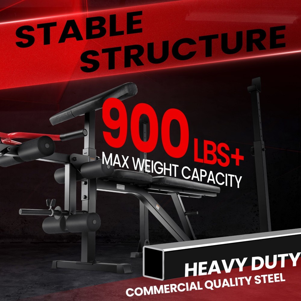 900LBS Weight Bench Set with Squat Rack, Preacher Curl Workout Bench Press Set💪