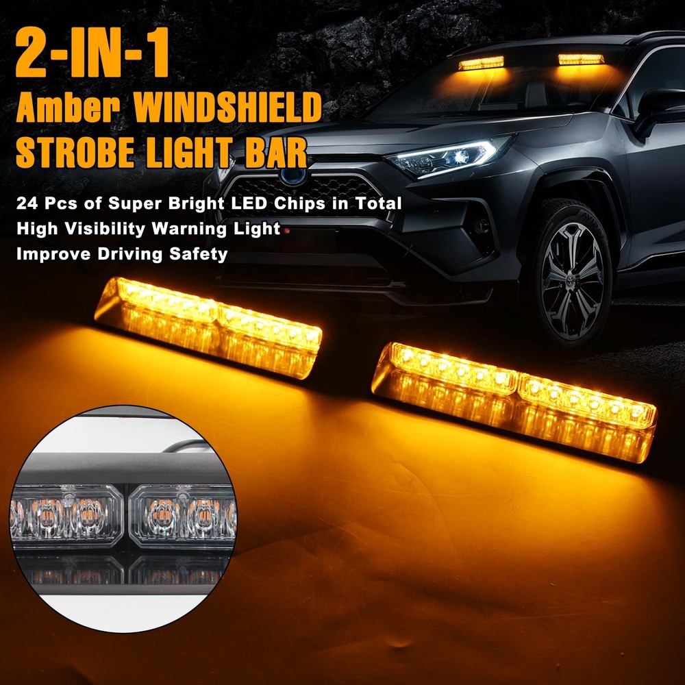 Afurkuot Amber LED Warning Dash Windshield Strobe Lights, 26 Modes