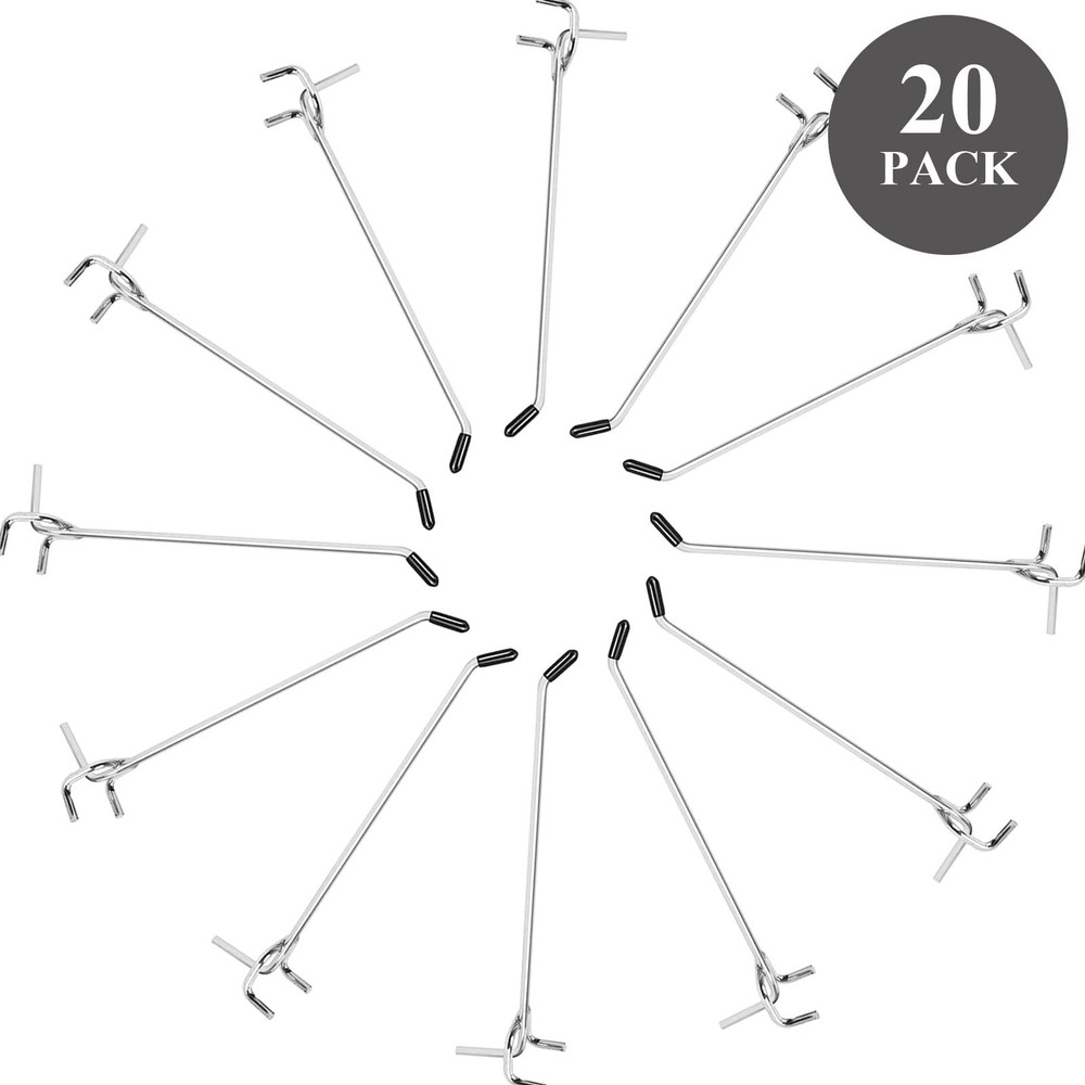 20 Pack 6 Inch L Shape Galvanized Metal Pegboard Hooks with 50 Rubber Tips