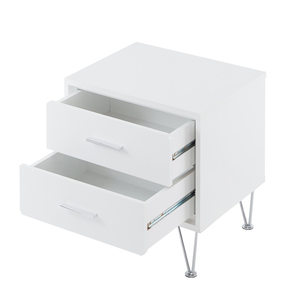 The modern white two-drawer table emphasizes medium-density fiberboard
