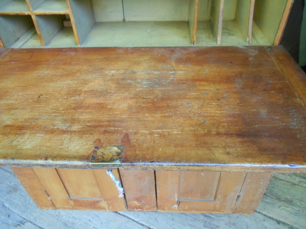 ANTIQUE PAINTED COUNTRY PINE STEPBACK DROP FRONT DESK AND BOOKCASE