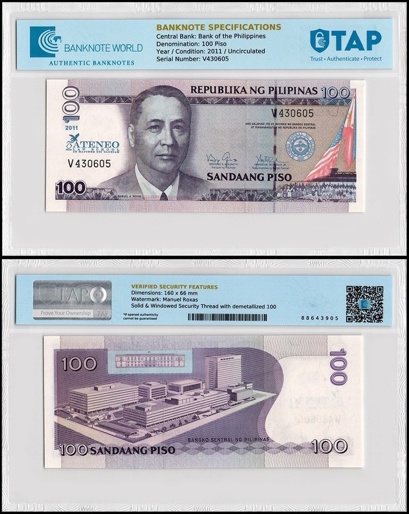 Philippines 100 Piso, 2011, P-212, UNC, Commemorative, TAP Authenticated