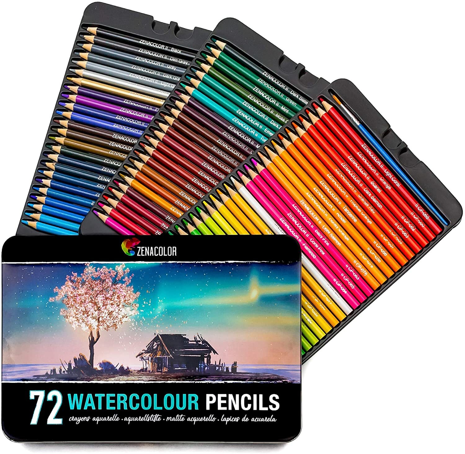 Zenacolor 72 Watercolor Pencils Professional Set, w/Brush & Metal Box