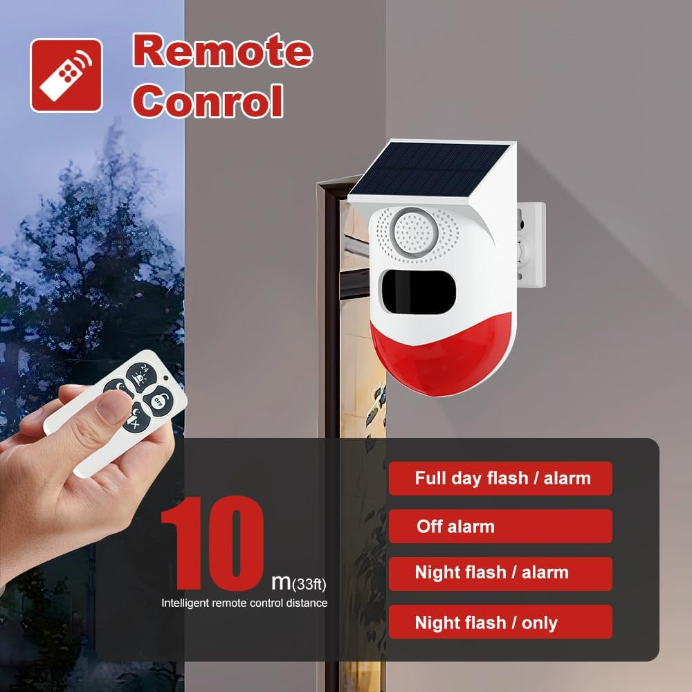Solar Sound & Strobe Light Alarm with Motion Detector and Remote Controller 120D