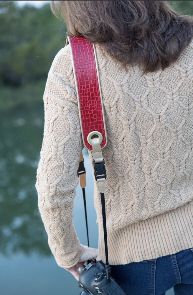 The “Red Alligator” Camera Strap: Comfort Padding, Leather Ends, Suede Backing