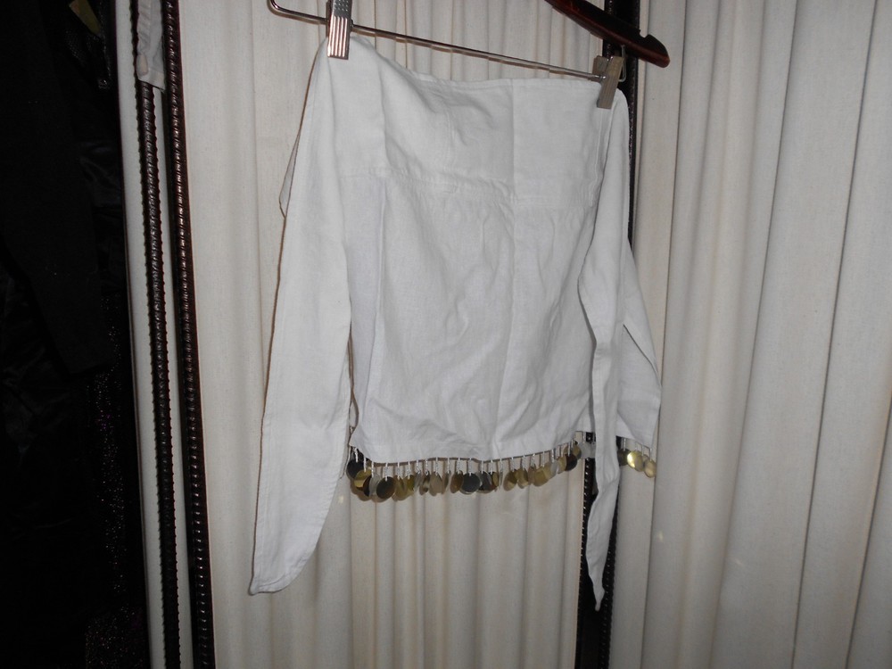 TURKISH BISTRO,APRON,CAFE APRON,WHITE LINEN,SILVER DANGLES DEEP POCKETS # 4084