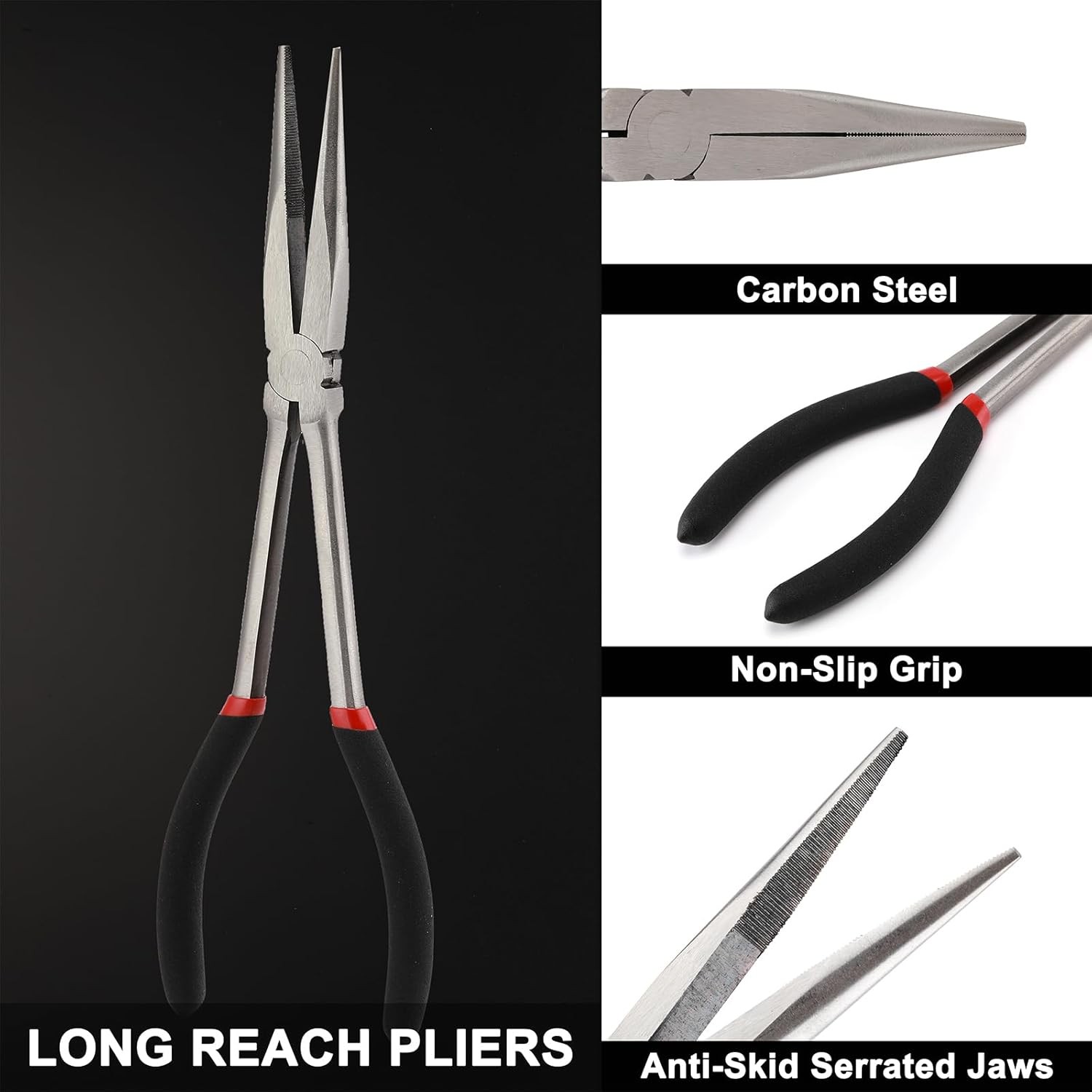 6PCS Extra Long Reach Pliers Set, 11" Straight, 45 and 90 Bent Nose, 5/16", 1/2"
