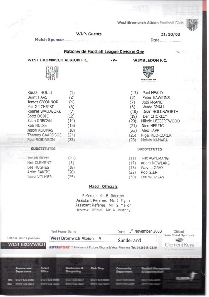 Team Sheet - West Brom v Wimbledon 21.10.2003