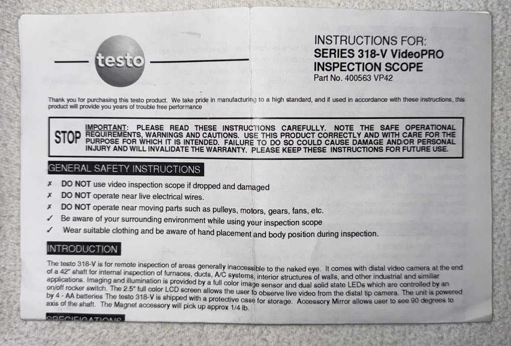 Testo 318-V VideoPRO Inspection Scope: Borescope Camera - w/ Case - New Open-Box