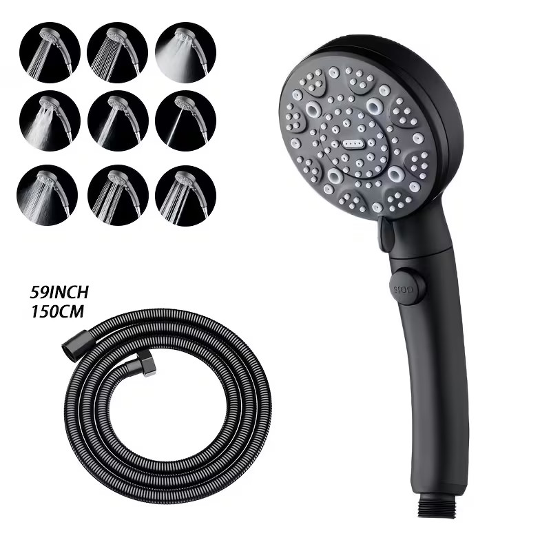 Matte Black 5 Mode Black Handheld Shower Head Pause Button 59" Flexible Hose